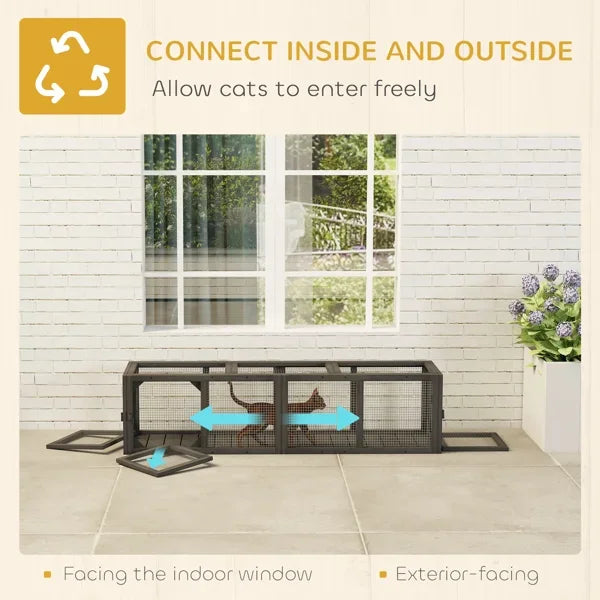 Cat Tunnel Outdoor Wooden Cat Tube with Combinable Design 8 Doors 98" Window Cage