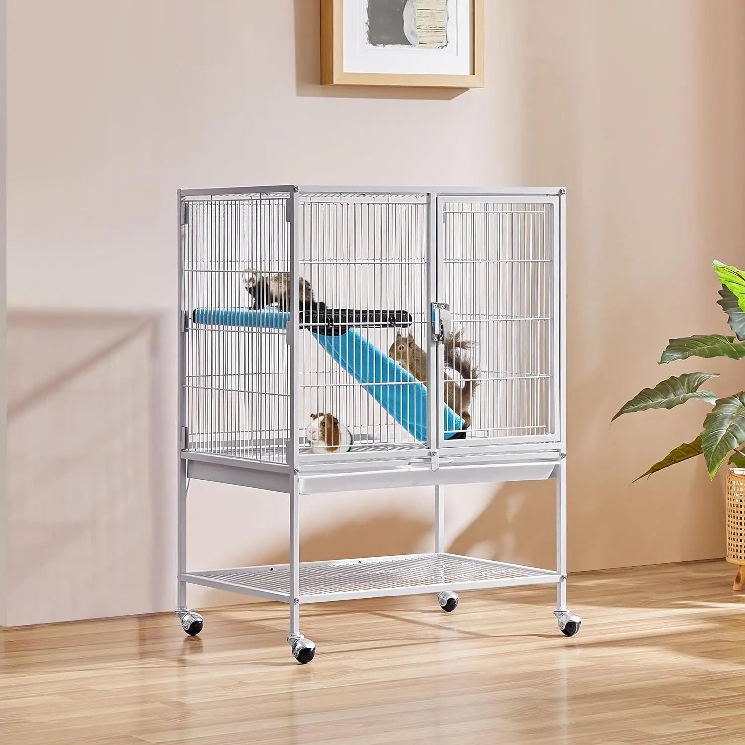 White Metal Small Animal Cage - Removable Tray, Ladder and Wheels