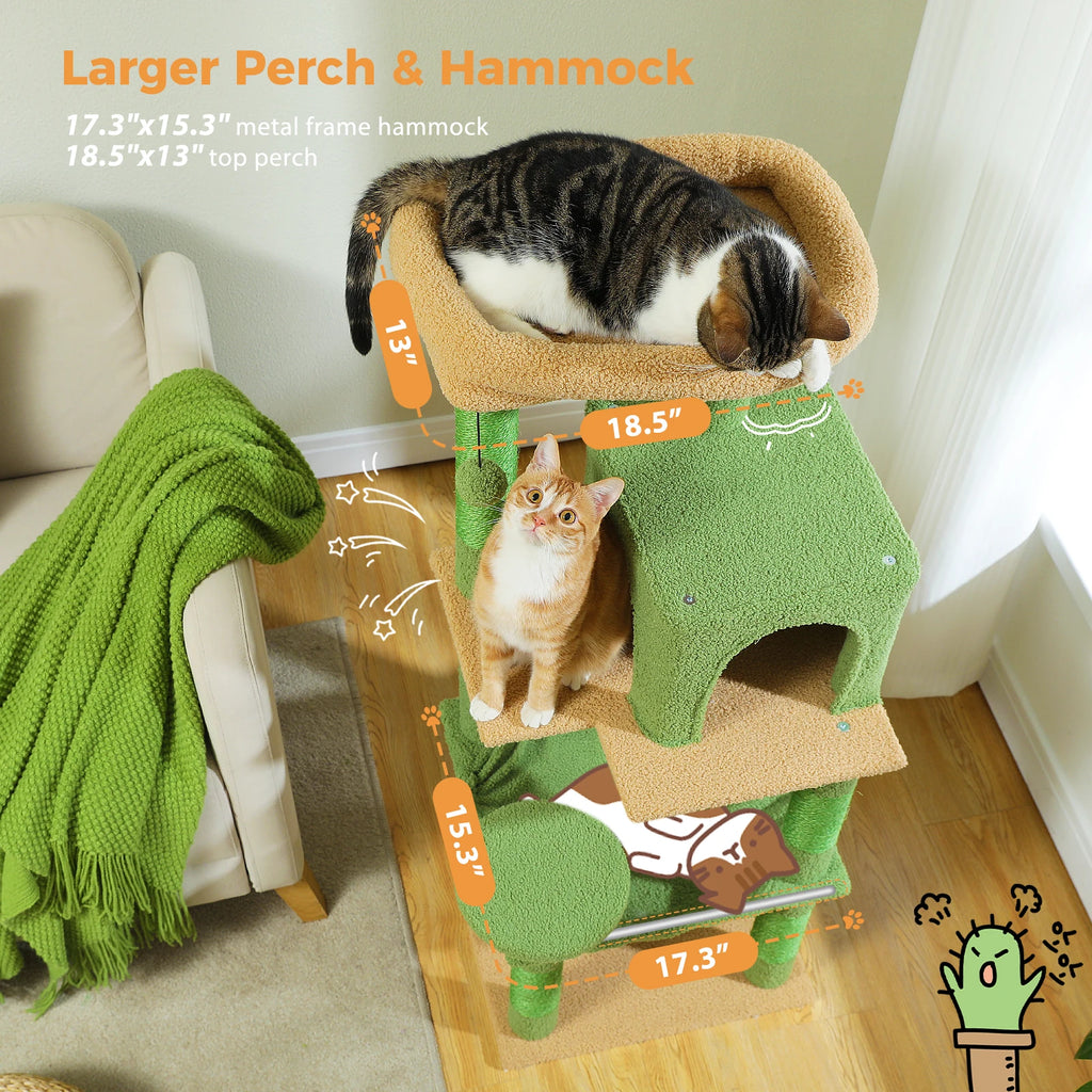 Cactus Cat Tree Tower for Large Cats with Metal Plush Big Hammock for Indoor with 2 Door Condo House with Large Top Perch