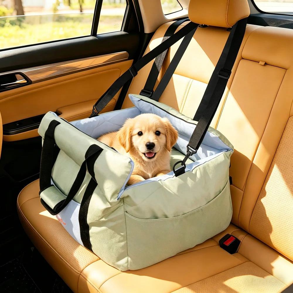 Portable Dog Car Seat Pet Booster Seat Travel Carrier Bed with Safety Belt Storage Pocket Removable Washable Cover