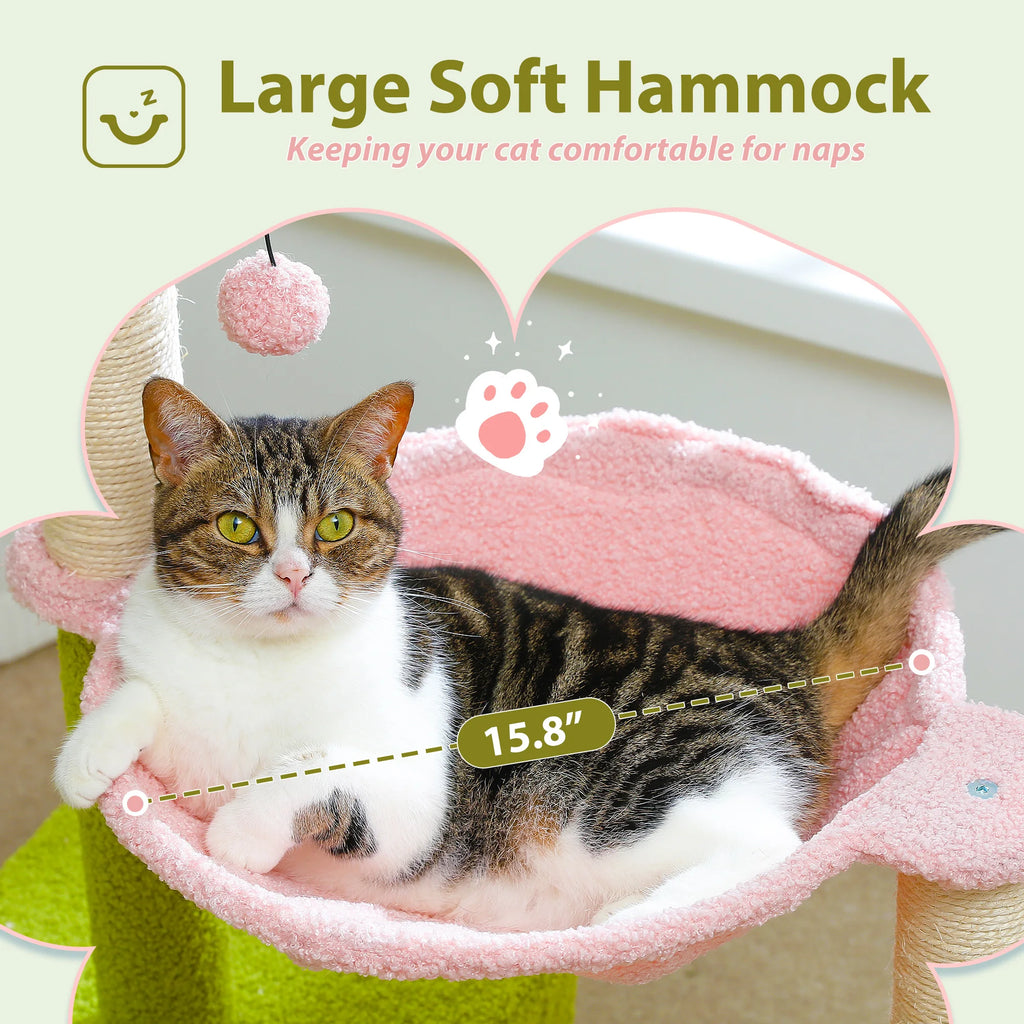 Flower Cat Tree with Large Metal Frame Hammock with Sisal Scratching Posts for Small Indoor Cats