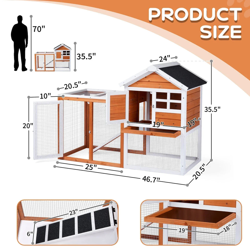 Wooden Rabbit Hutch Outdoor Chicken Coop Indoor Bunny Cage with Run, Guinea Pig House with Pull Out Upper Tray, Orange