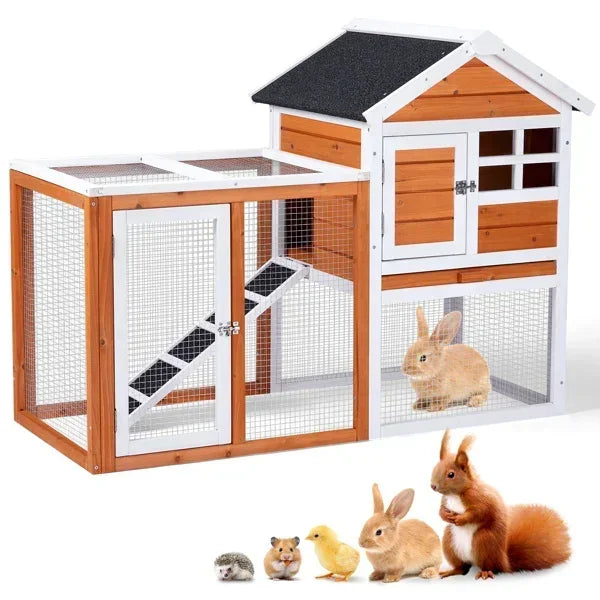 Wooden Rabbit Hutch Outdoor Chicken Coop Indoor Bunny Cage with Run, Guinea Pig House with Pull Out Upper Tray, Orange