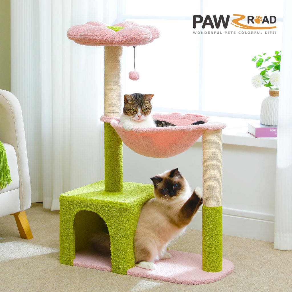 Flower Cat Tree with Large Metal Frame Hammock with Sisal Scratching Posts for Small Indoor Cats