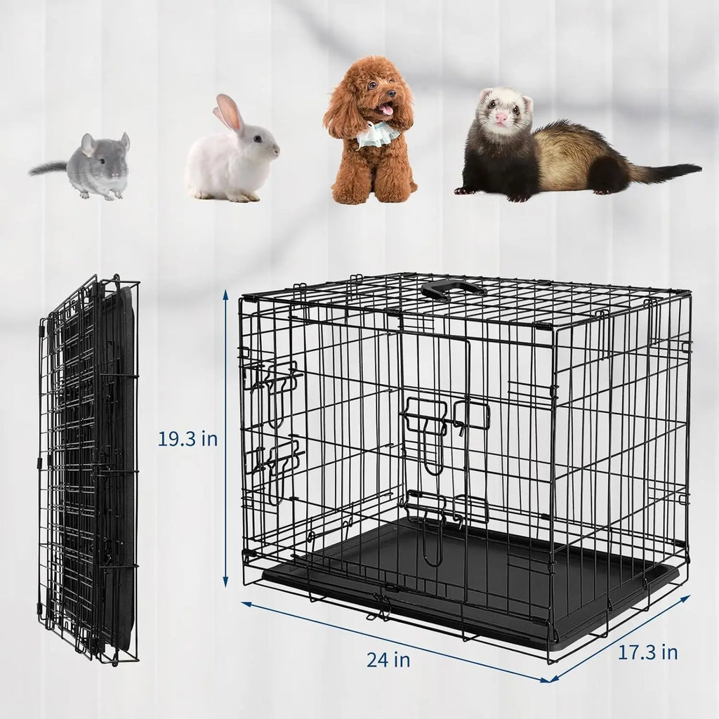 24/48 Inch Cage Portable Folding Small Crate Carriers with Slide Out Tray & 2 Doors for Small Animals