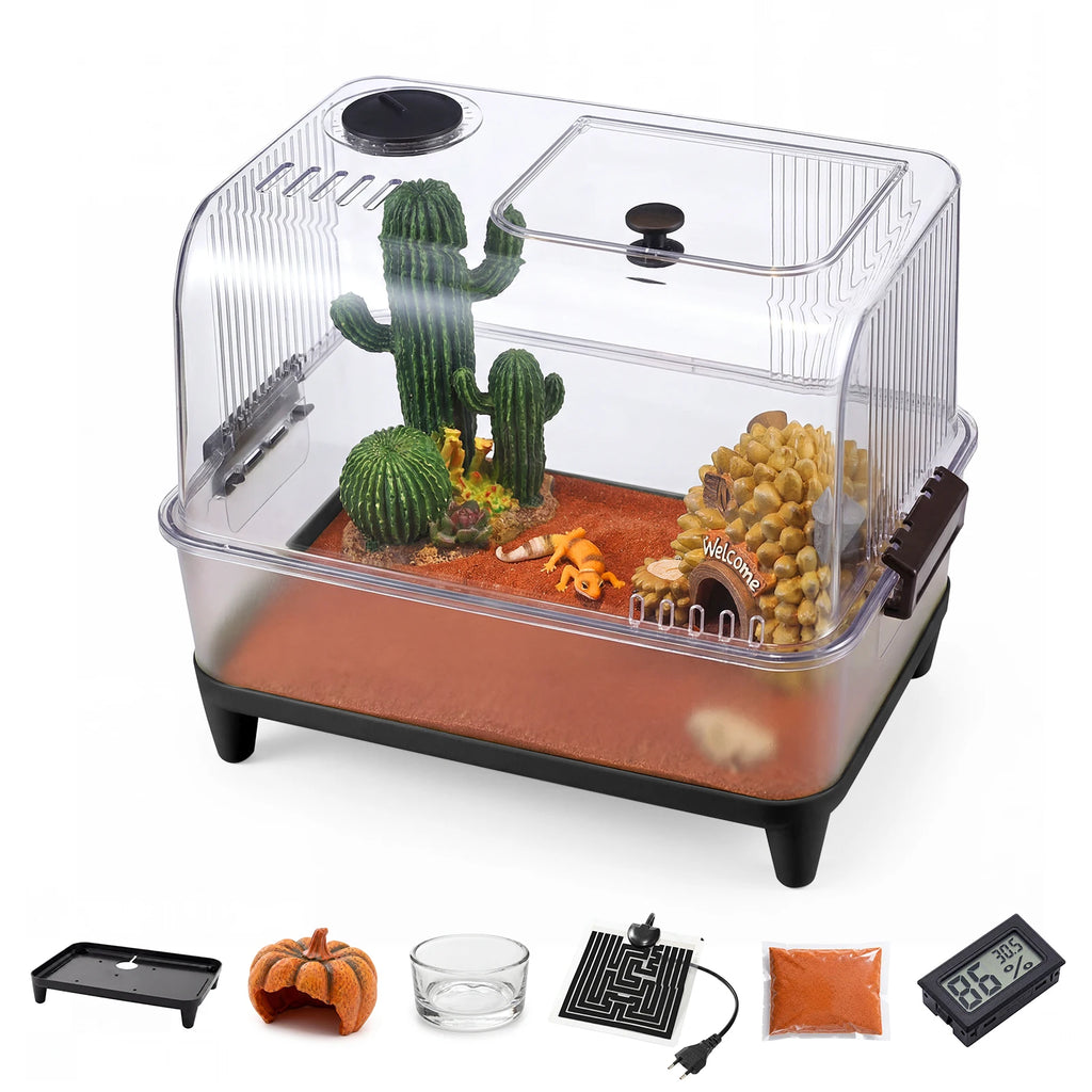Reptile Tank Starter Kit, Reptile Terrarium Kit, Acrylic Small Reptile Habitat with Lid, Heating Pad, Hygrometer, Bowl, Hide, Sand for Reptiles, Tarantula, Lizards, Frogs, Geckos or Hermit Crabs