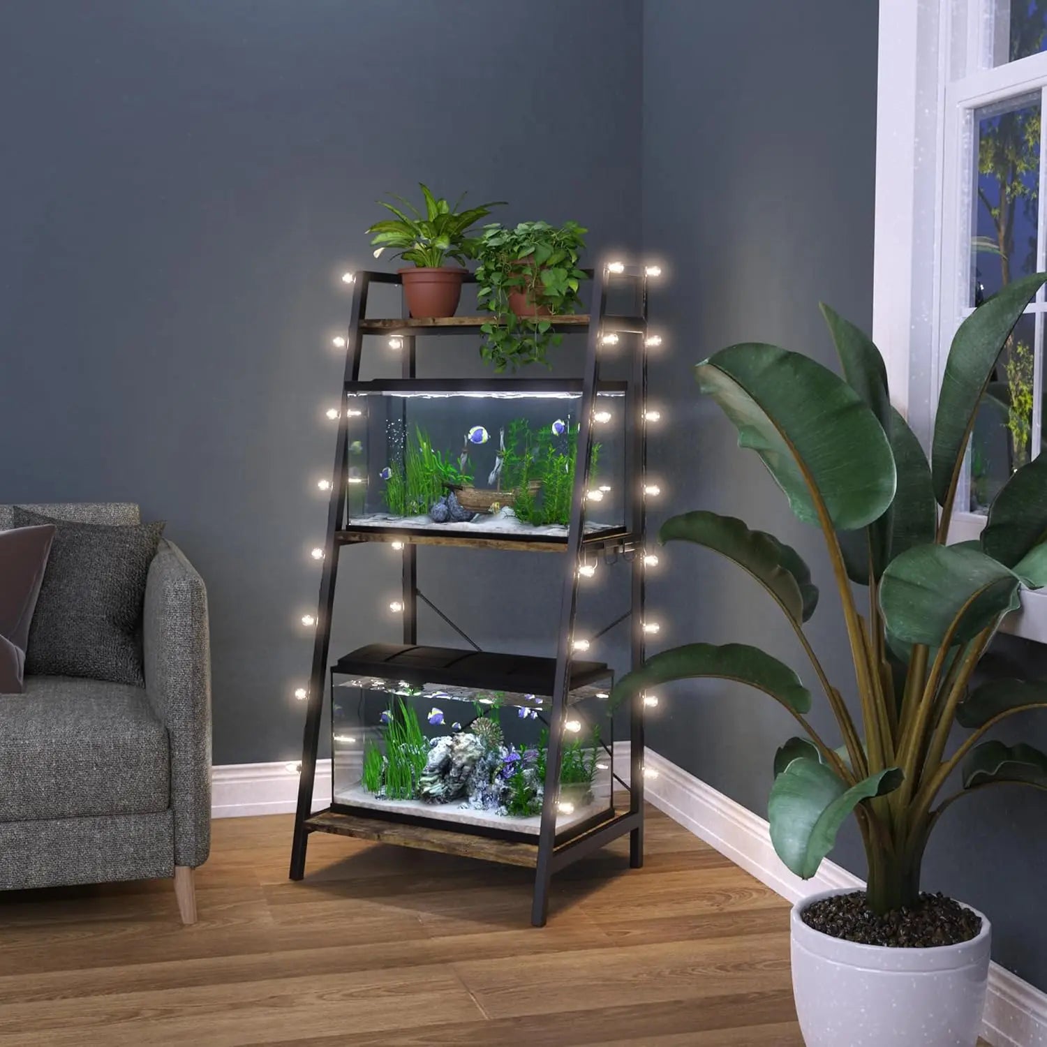 5-10 Gallon Metal Aquarium Stand with Plant Shelf and Storage, Fits Turtle and Reptile Tanks