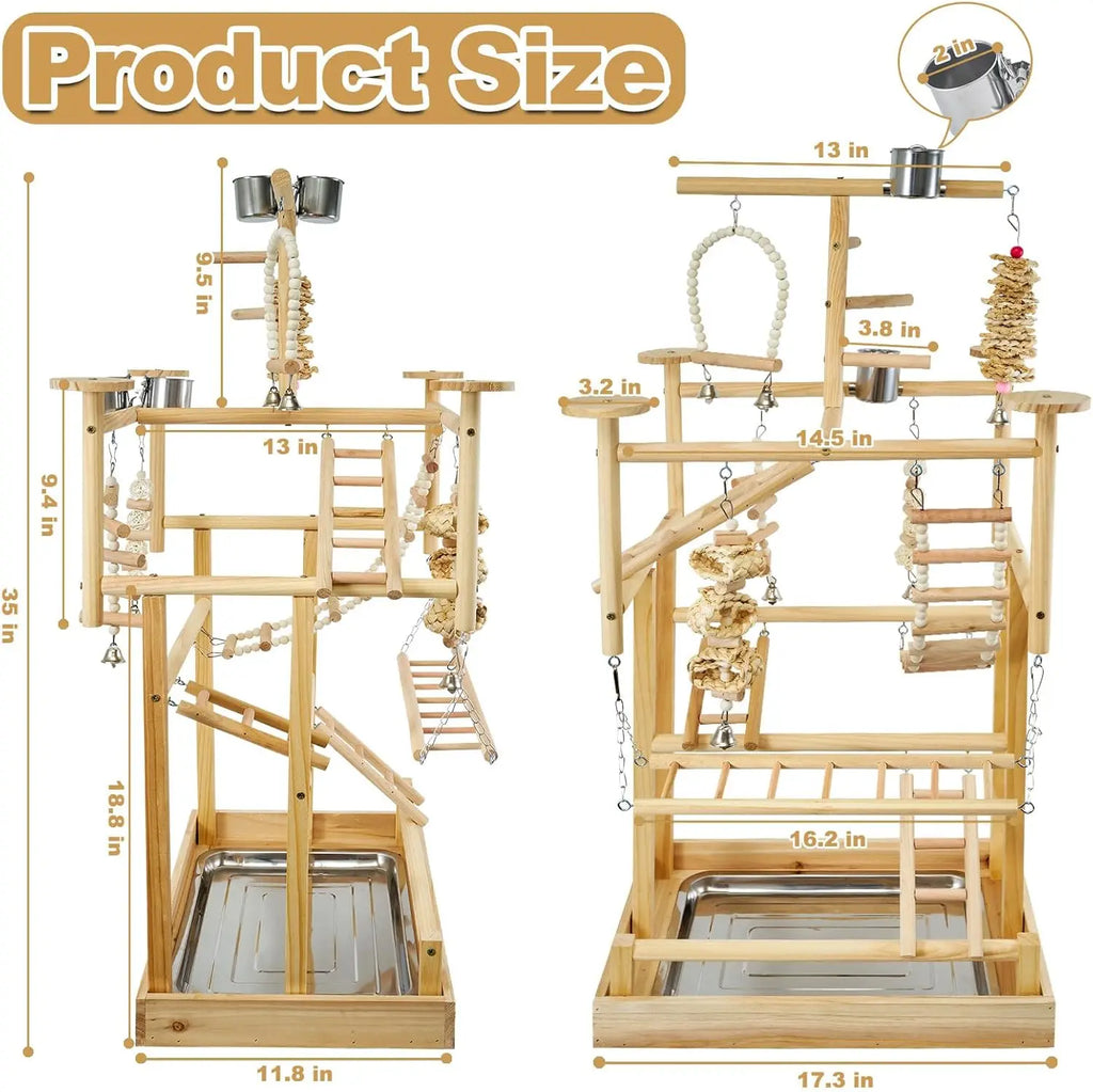 Natural Wood Bird Play stand with Perches, Toys, Removable Tray & 4 Stainless Steel Cups