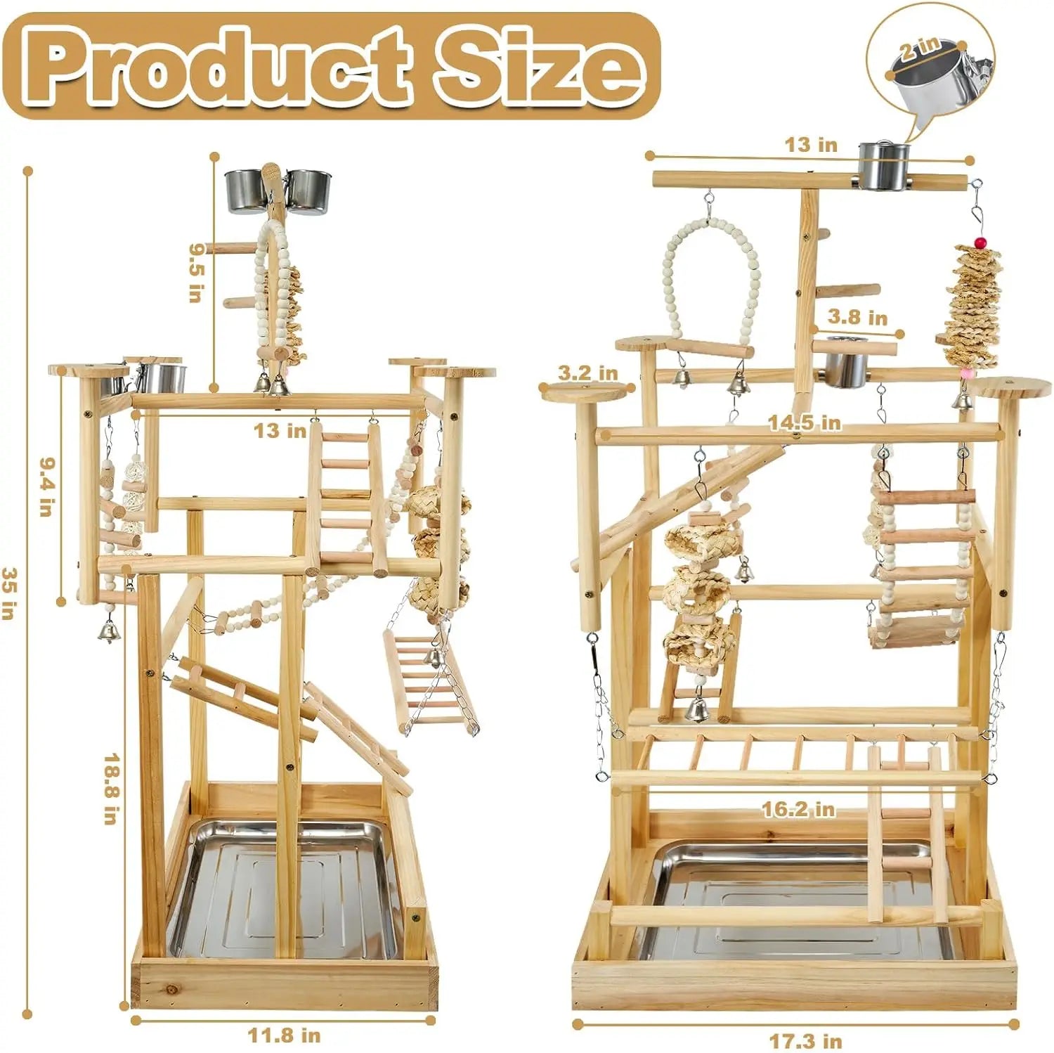 Natural Wood Bird Play stand with Perches, Toys, Removable Tray & 4 Stainless Steel Cups
