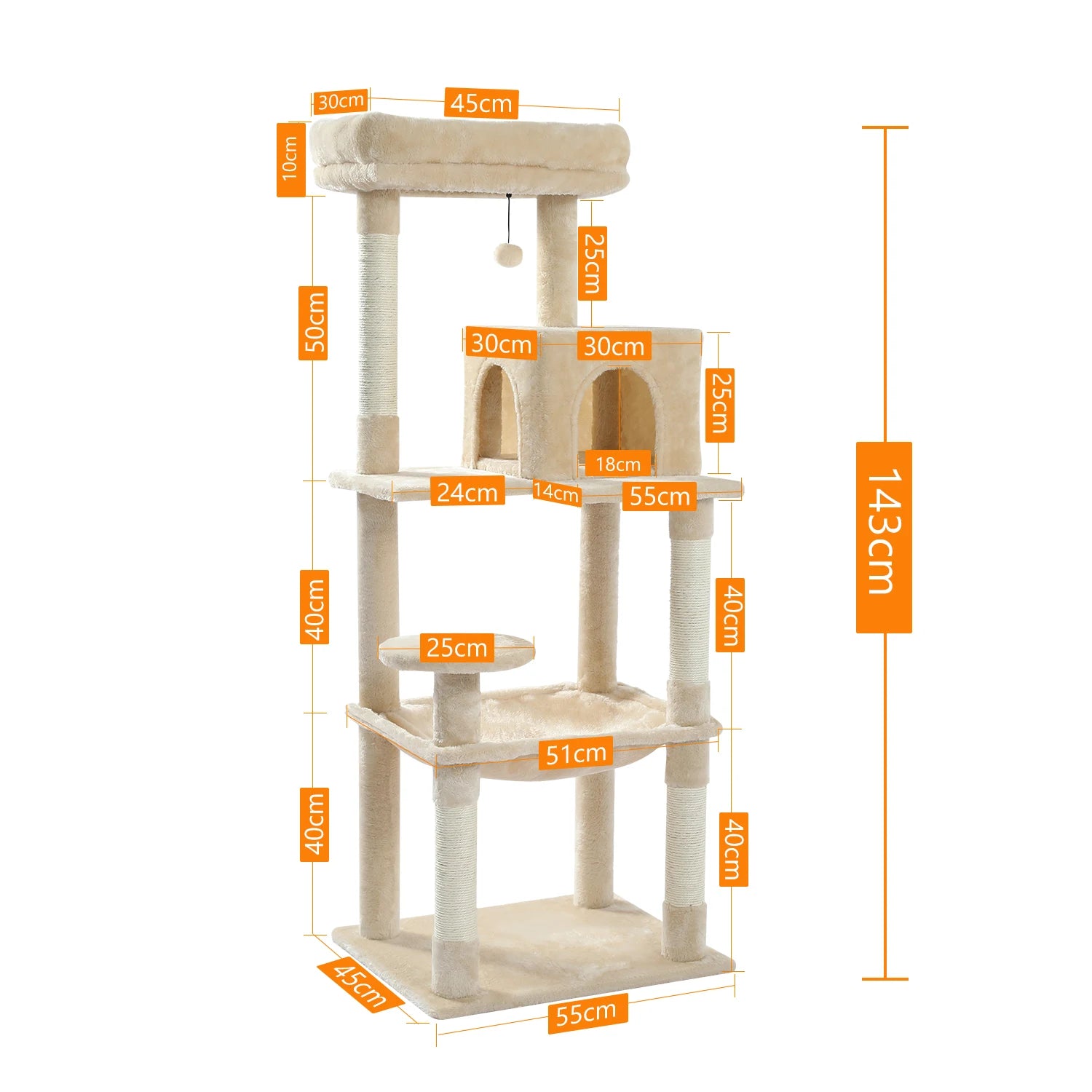 Cat Tree for Indoor Cats 5-Level for Large Cats with Large Hammock Sisal Covered Scratching Posts Cozy Condo Top Perch