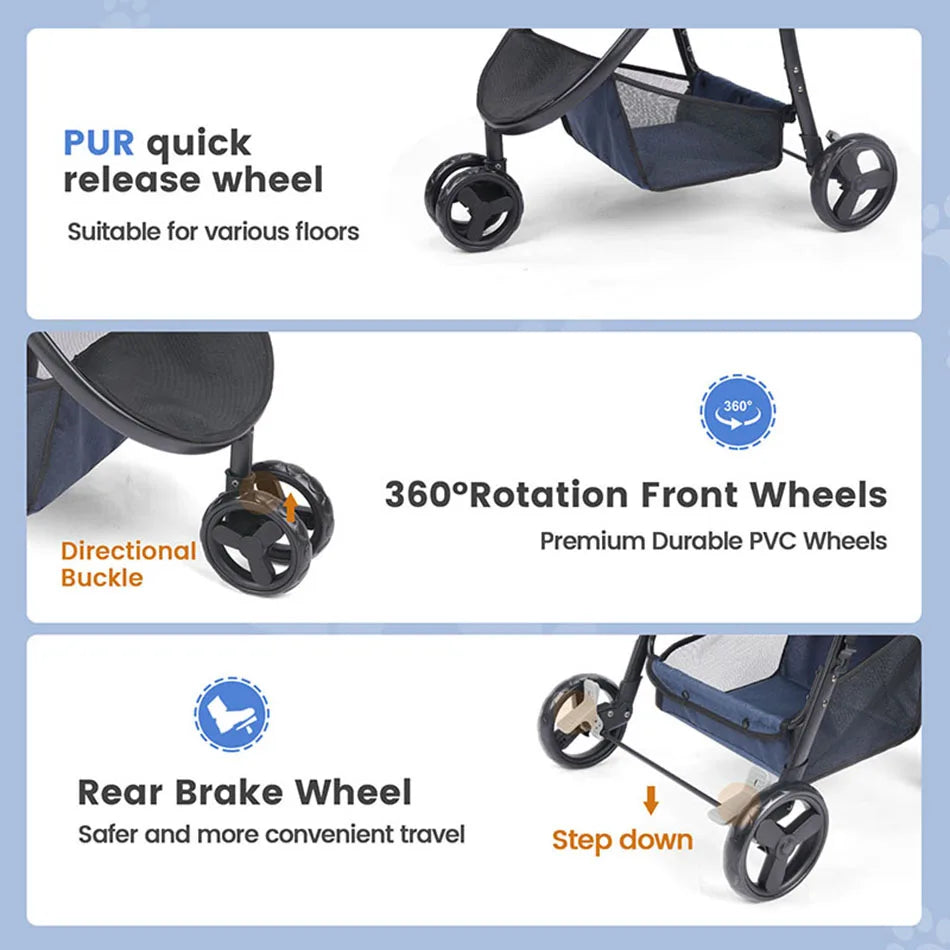 Pet Stroller Bag Foldable Collapsible Stroller for Small Dogs Cat ,3 Wheels