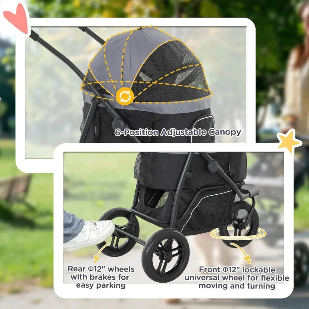 Dog Stroller for Small Dogs and Cats, 3 in 1 Folding Stroller Jogger with Detachable Carrier, Storage Basket