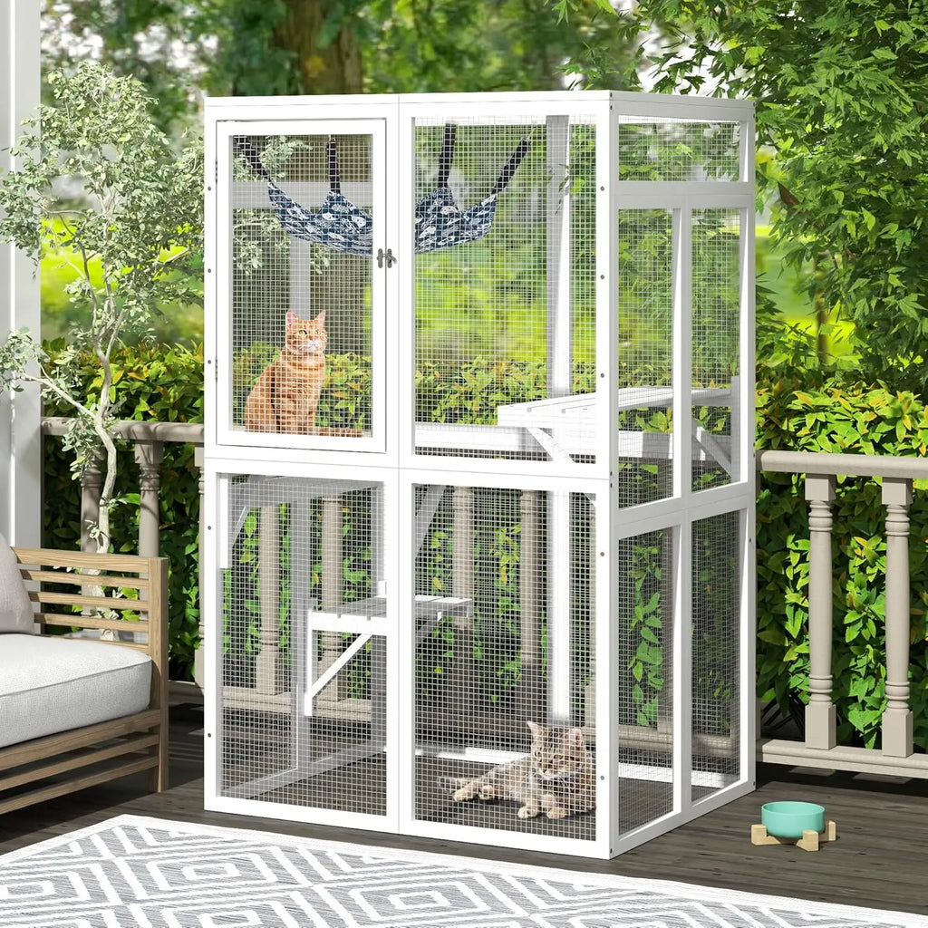 Catio Outdoor Cat Enclosure, Wooden Catio with Window Access for Patio, White