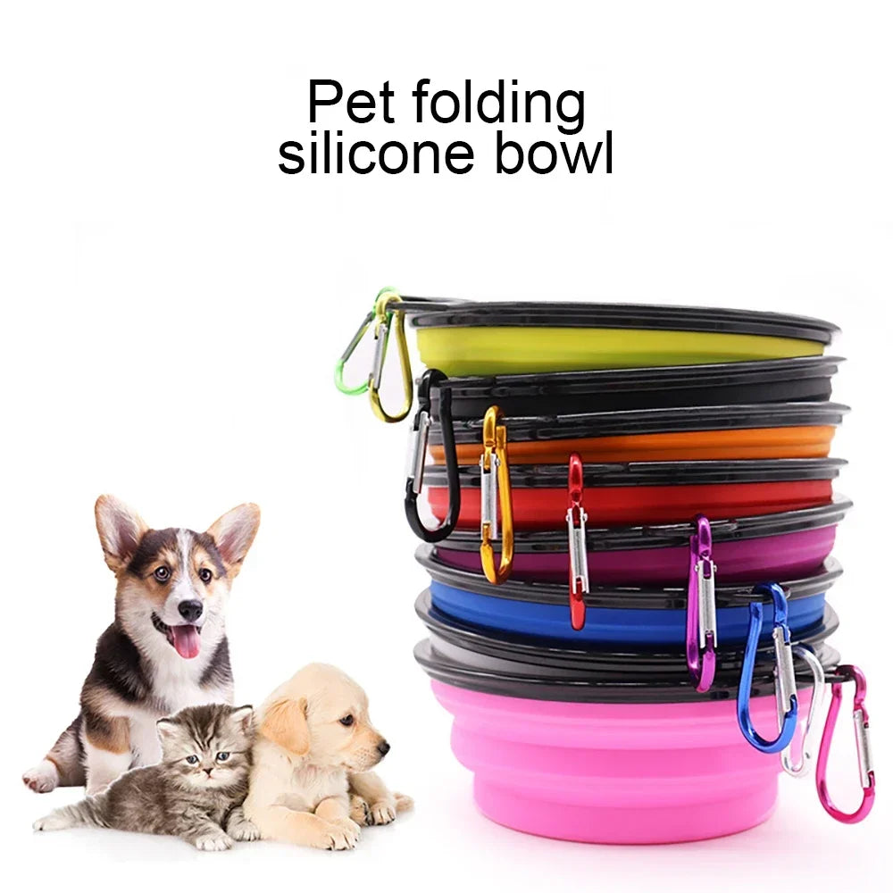 Portable Pet Folding Bowl Silicone Dog Cat Feeders with Hanging Hook