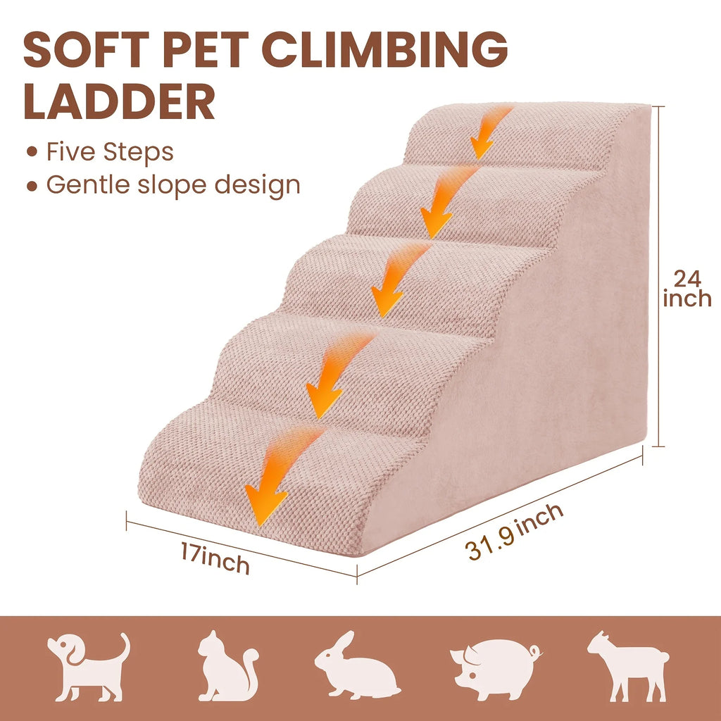 5-Step Dog Stairs & Ramp Suitable for Small Dogs, High-Density Foam Pet Steps with Non-Slip Base, Wide Ramp for Beds/Couches