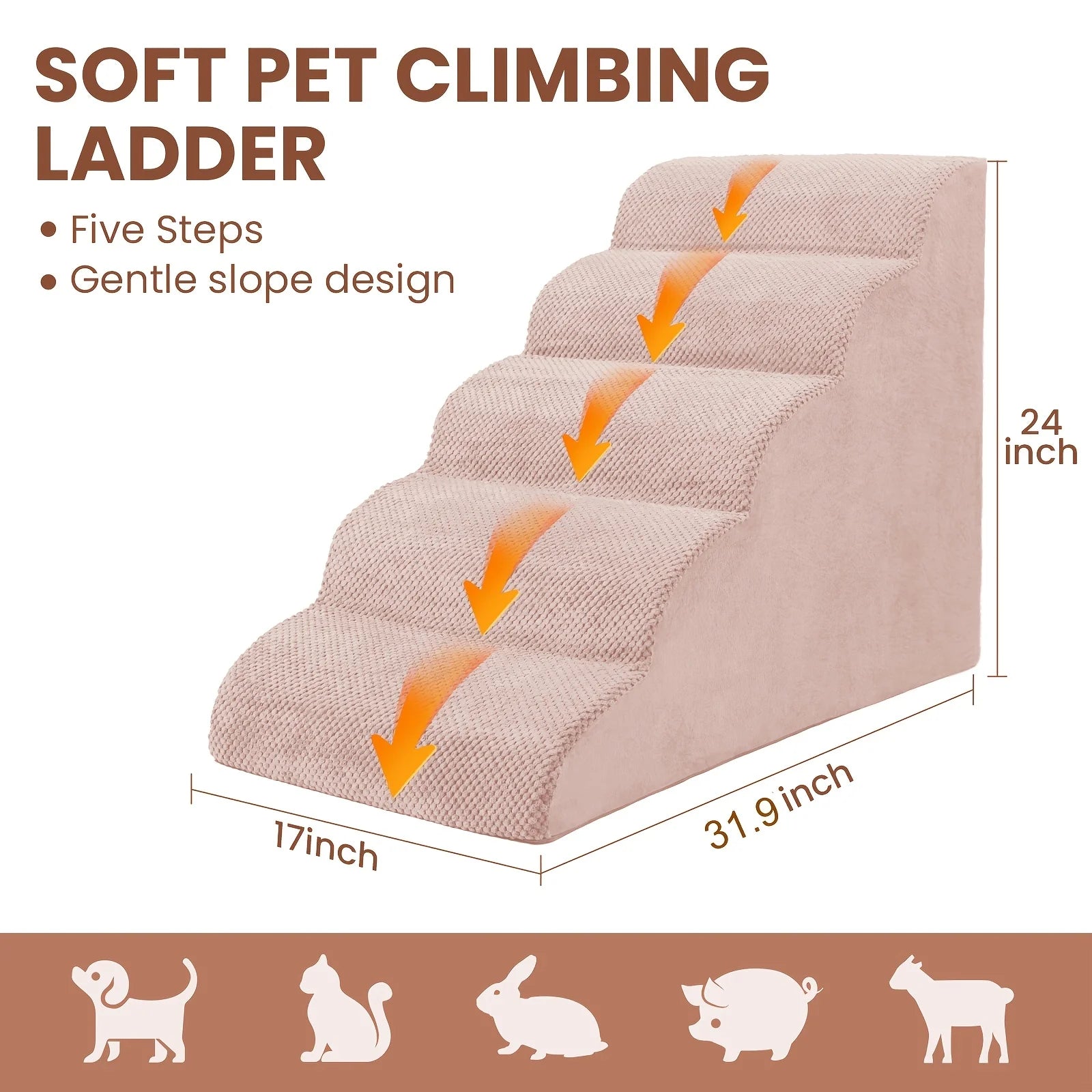 5-Step Dog Stairs & Ramp Suitable for Small Dogs, High-Density Foam Pet Steps with Non-Slip Base, Wide Ramp for Beds/Couches