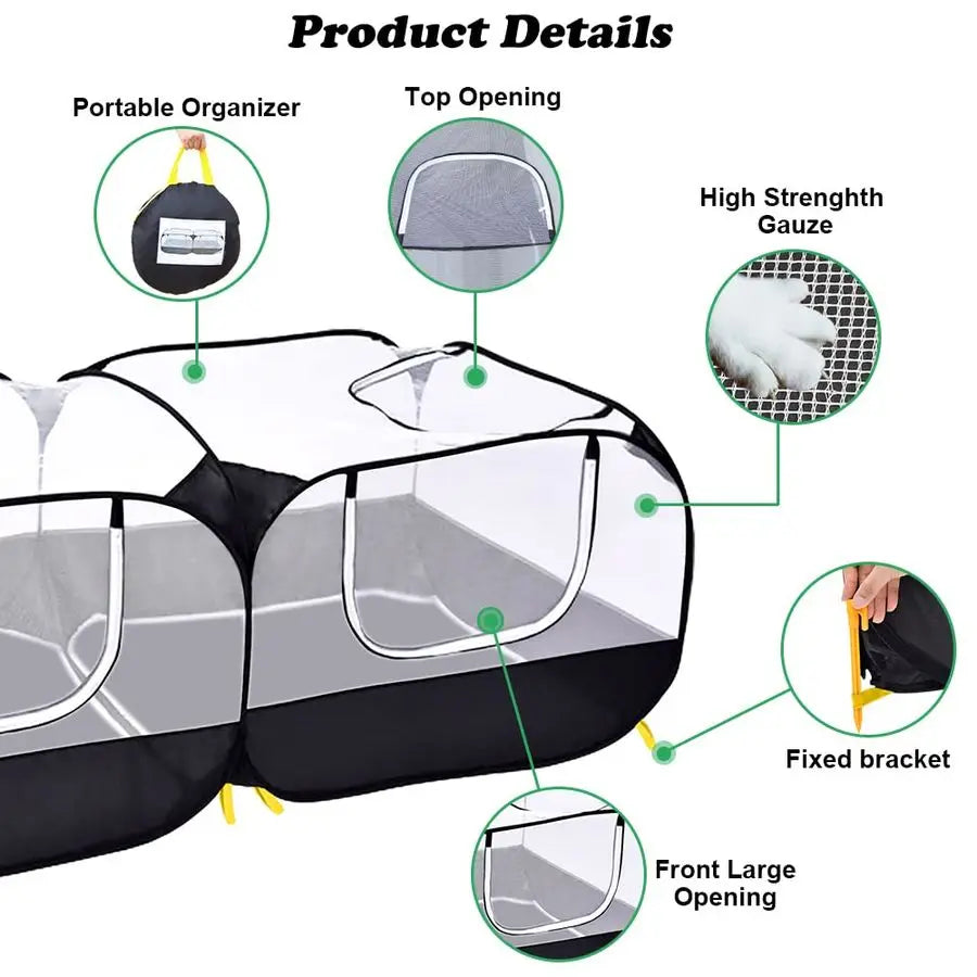 Animal Pet Playpen with Feeder Bowl and Storage Bag, Portable Breathable Indoor Outdoor